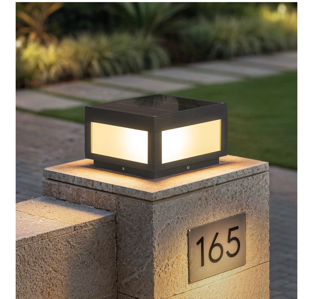 10" Glass Solar Post Light, 3000K Pillar Light, Outdoor, Column Light